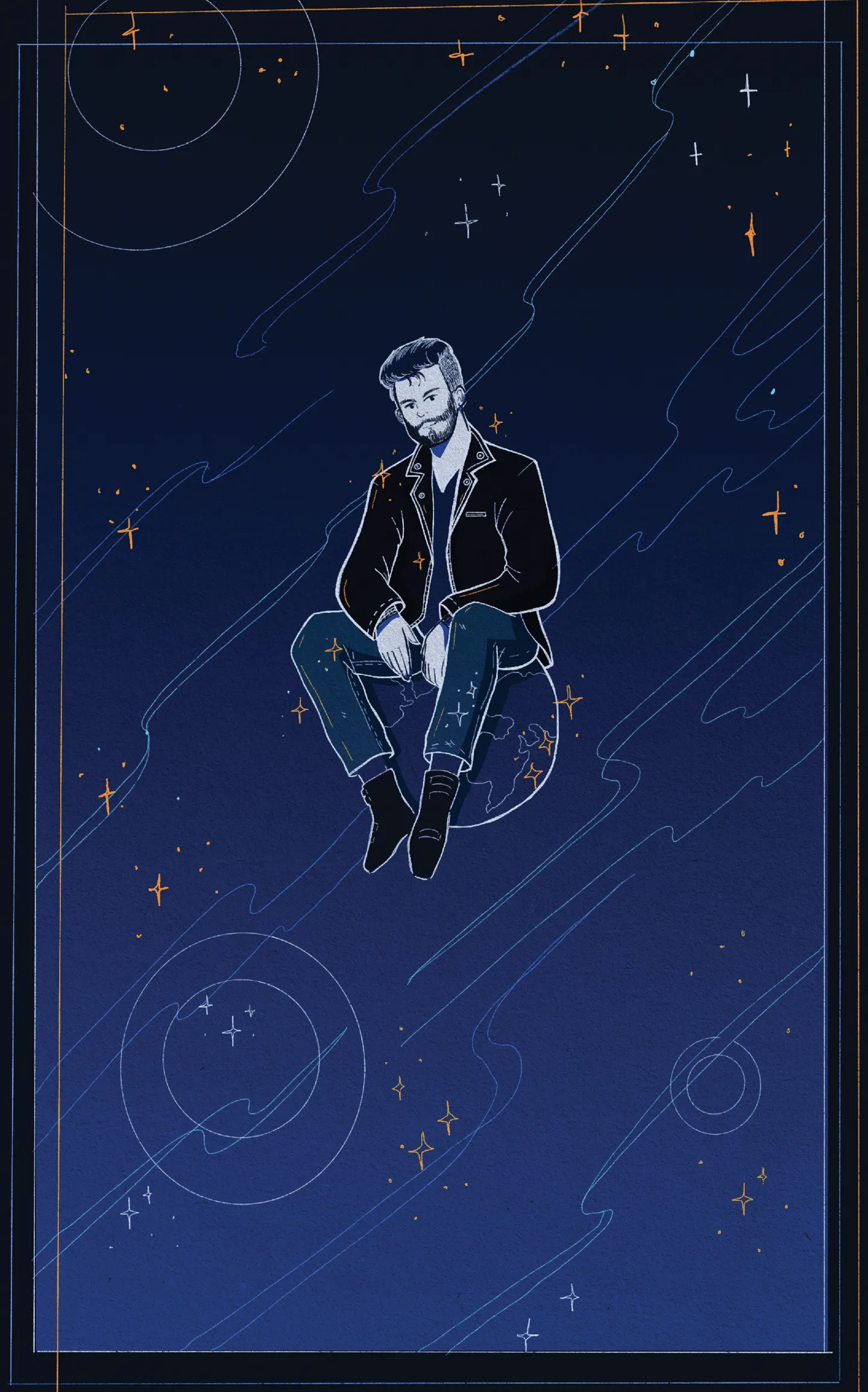 A dark blue illustration of Sadok Cervantes sitting among the stars