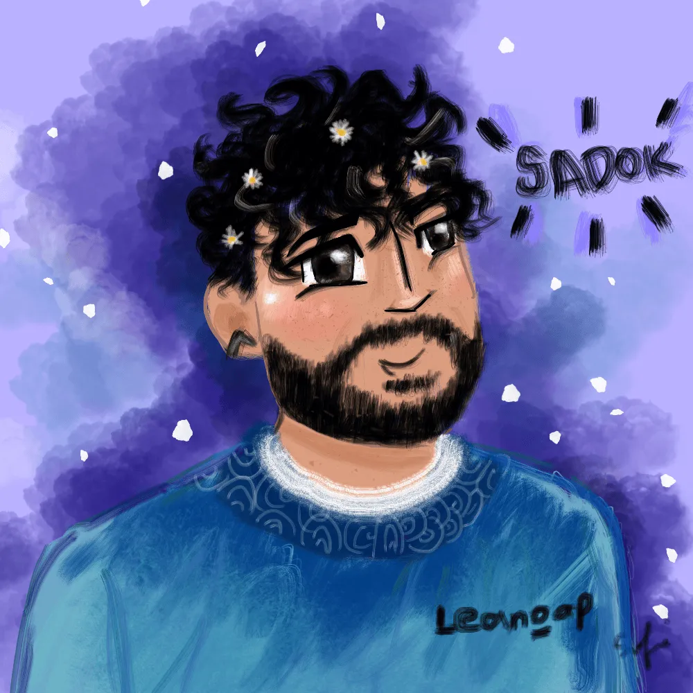 A purple cartoon portrait of Sadok Cervantes, signed Leangap