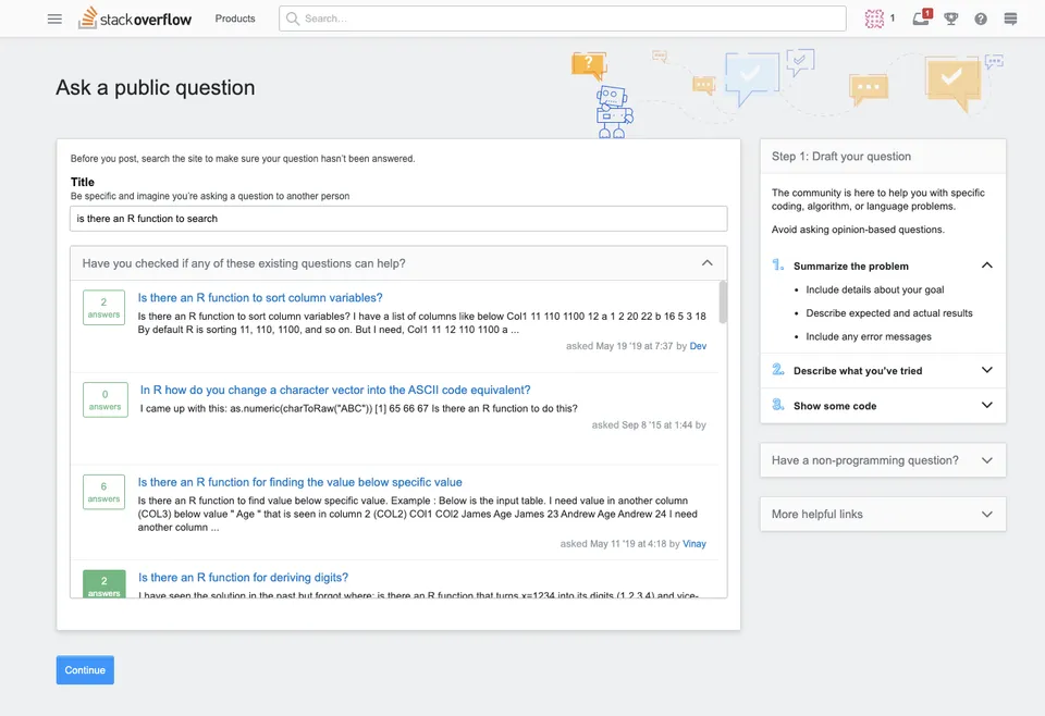 A title step listing existing questions under "Have you checked if any of these existing questions can help?"