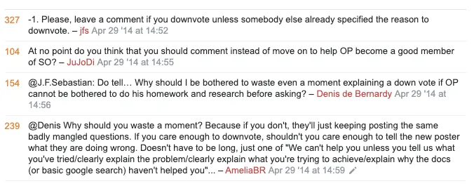Four Meta Stack Overflow comments from April 2014: jfs asks downvoters to leave a comment, Denis de Bernardy asks why he should waste a moment explaining, AmeliaBR answers that caring enough to downvote means caring enough to say what is wrong
