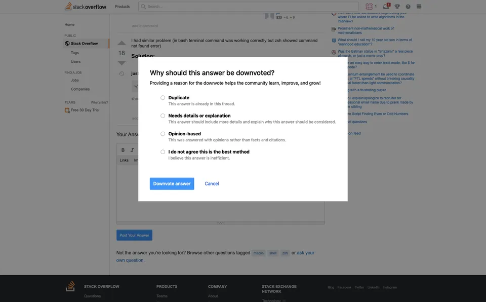 A dialog titled "Why should this answer be downvoted?" with four reasons