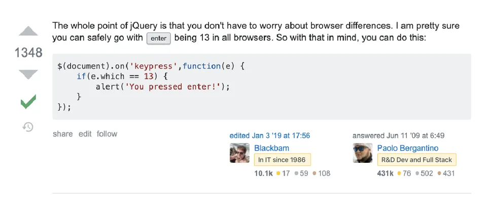 A Stack Overflow answer with 1348 votes whose authors carry the flair "In IT since 1986" and "R&D Dev and Full Stack"