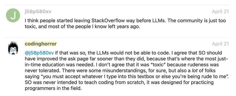 A comment thread discussing if Stack Overflow is toxic between Atwood and a user
