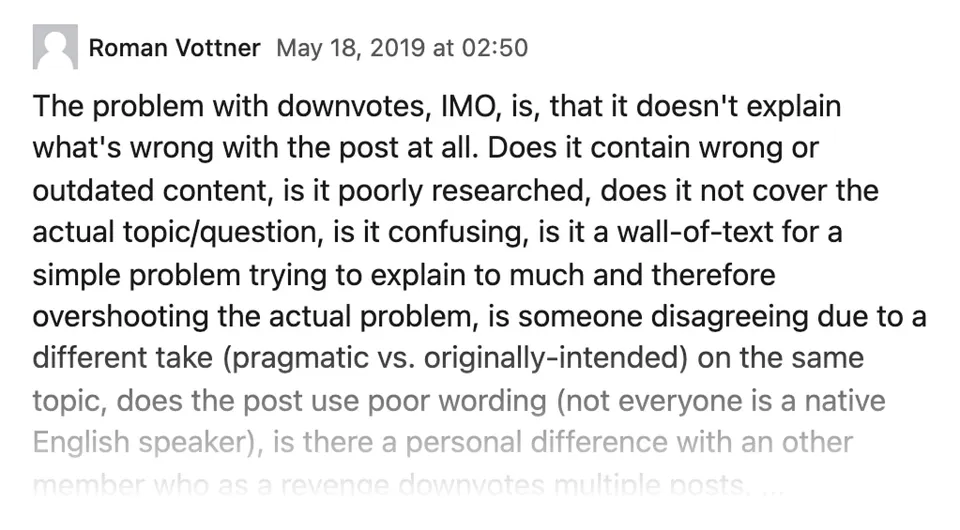 A commenter in a post mentions how he'd like to know the reason for a downvote